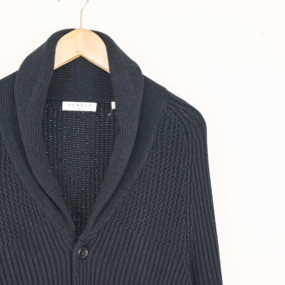 Sandro Paris Men's Shawl Collar Cardigan Sweater Heavy cotton knit Navy Small - Picture 4 of 8